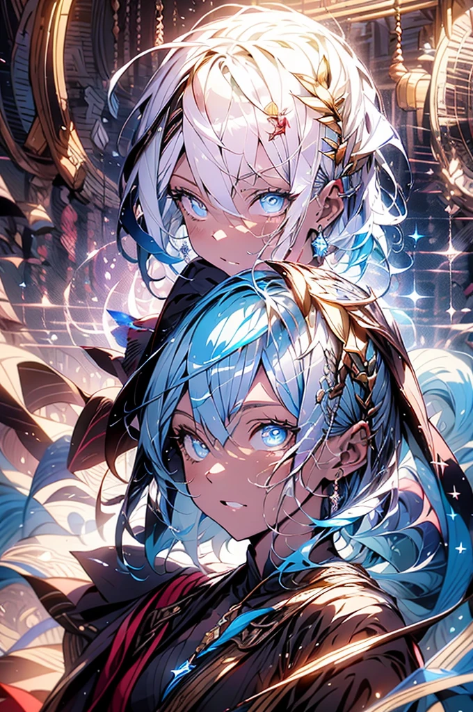 Realistically,(masterpiece,Top Quality,Highest quality,Official Art,Beauty and aesthetics:1.2),Very detailed,Fractal Art,colorful,Most detailed,Tangled,(Abstract background:1.5)(One person:1.3),Kamimei,White Hair,Short fine hair,(Glowing blue eyes),Mysterious,(magic),inflammation,Handsome