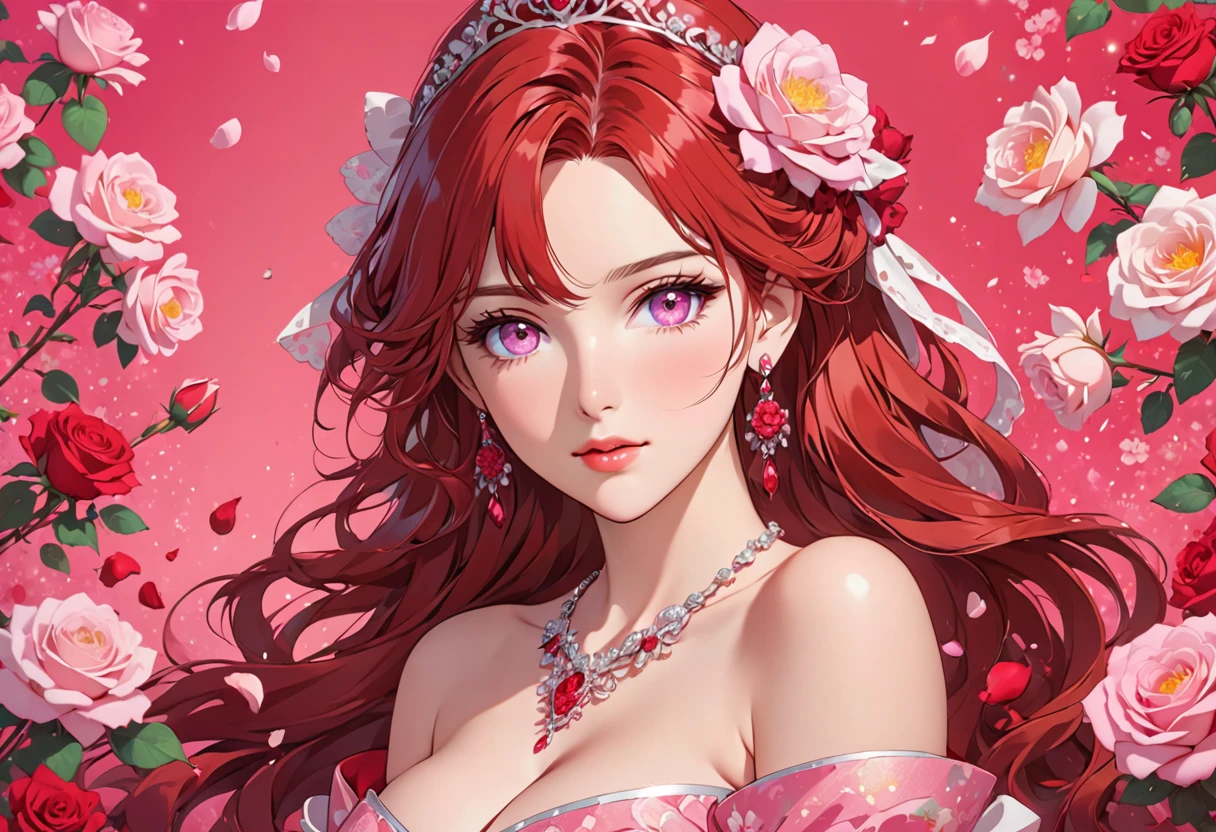 an anime female dressed like a princess with roses all around her on a bright pink background, 1girl, solo, breasts, jewelry, earrings, flower, cleavage, pink eyes, long hair, looking at viewer, parted lips, collarbone, bare shoulders, petals, red hair