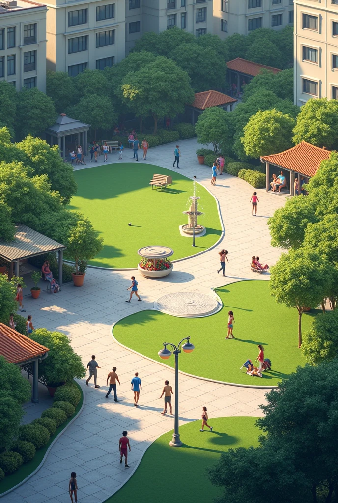 Urban park, in basic scheme, with realistic materiality, people and in isometric perspective 