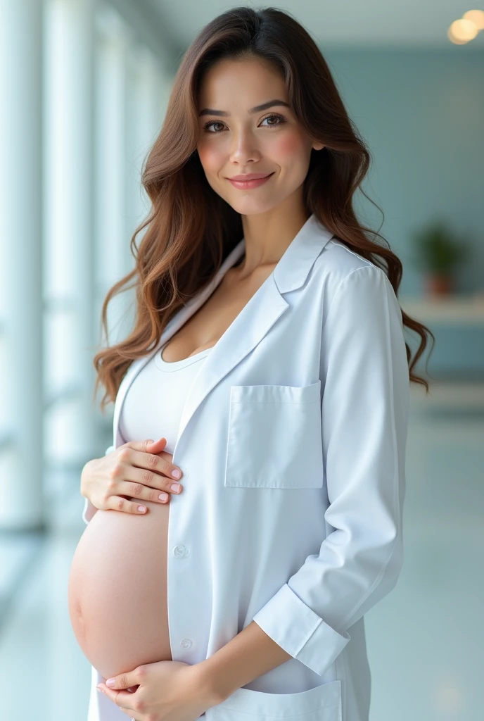 Beautiful woman in lab coat, brownhair (doctor) pregnant.