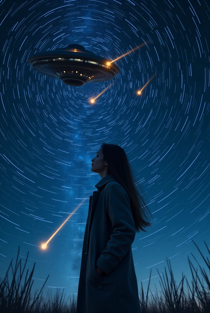 long exposure of starry sky with many circular orbits, focus on the stars, a flying saucer,silhouette of a young European woman with long hair with her hands in the pockets of her coat looking up,golden ratio,shooting stars, two of them yellow