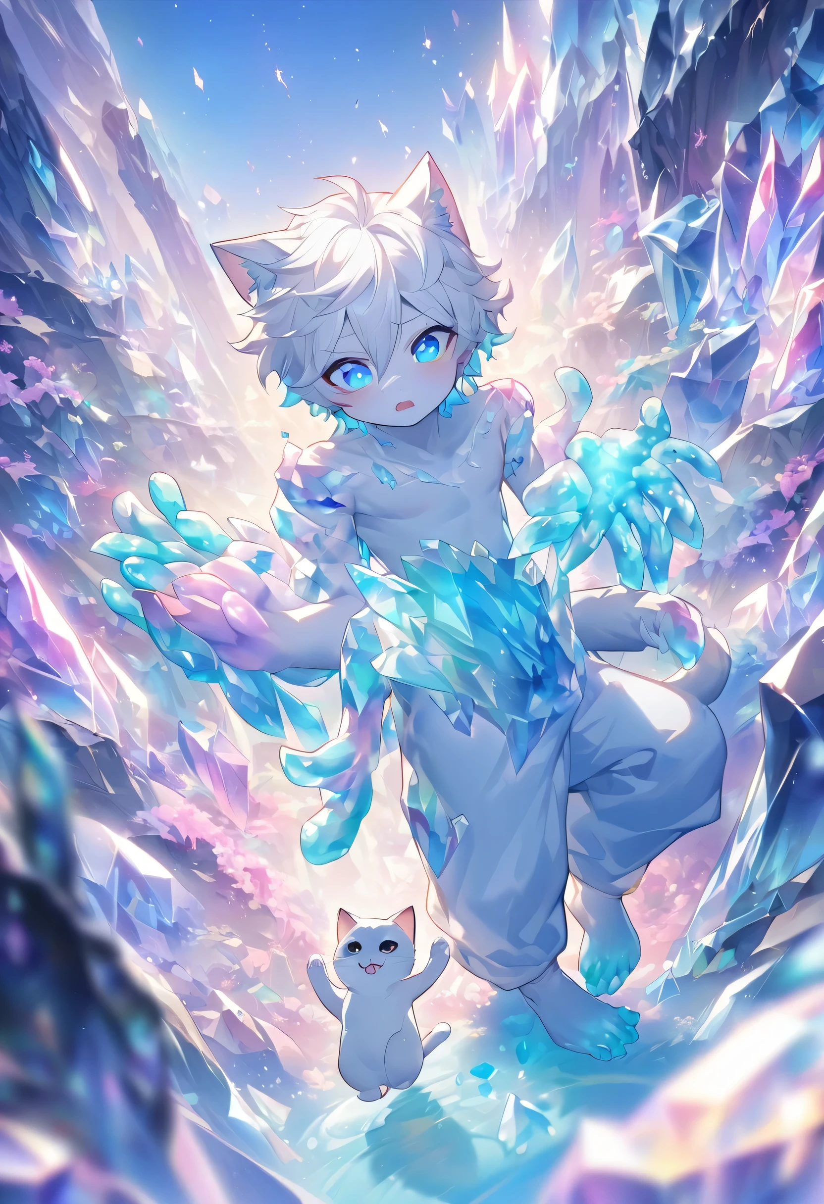 Little male cat,boy,There is a tail,cute,Thin,struggle,Everlasting,Crystallization,Blue slime,Feet turned into crystal,Hands turn into crystal,Crystal Spread Feet,Crystal feet,Crystal hands,illumination,freeze,Feet are frozen,charming,boys ,BlueCrystal feet,Wear Tight Fit Clothes,plastic,Full body portrait,smooth,Full body tight fit,Thin,Light blue gel coat,Full body gel coat,outdoor,Naked,Small pants,Tight Fit,No shirt,smooth,Showing skin,Bodysuit,White gel coat,Light blue skin,Blue and white hair,Colored pupils,Showing skinLittle male cat,boy,There is a tail,cute,Thin,struggle,Everlasting,Crystallization,Blue slime,Feet turned into crystal,Hands turn into crystal,Crystal Spread Feet,Crystal feet,Crystal hands,illumination,freeze,Feet are frozen,charming,boys ,BlueCrystal feet,Wear Tight Fit Clothes,plastic,Full body portrait,smooth,Full body tight fit,Thin,Light blue gel coat,Full body gel coat,outdoor,Naked,Small pants,Tight Fit,No shirt,Crystal clothes,smooth,Thin,Showing skin,White skin,White hair,Colored pupils,Smooth crystal,Crystals spread all over the body,Crystallization of the whole body,smooth skin