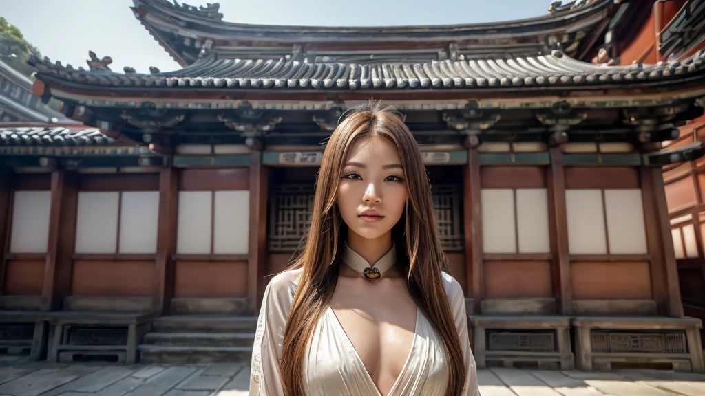 (best qualityer: 1.3, work of art: 1.3), ultra HD, (1 girl, standing alone), atmospheric perspective, face detailed, trunk, make up, pink lips, hare lip, shining skin, (chestnut hair), Super long hair, Looking at In front of the audience, Eyes red, aretes, breasts small, Fine body, (White silk), (((((east asian architecture, riverside, beautiful background))), perfect lighting, (front lighting), Physically based rendering,