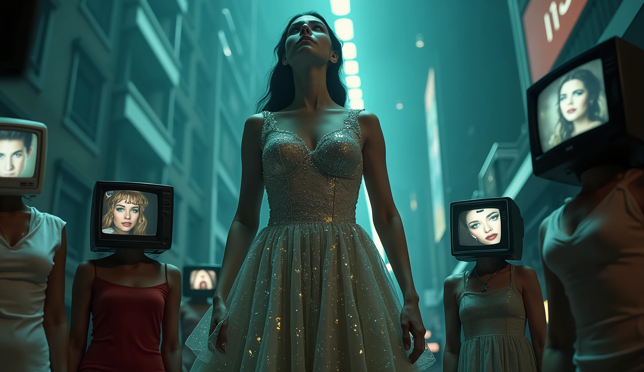 (Cinematic wide shot:1.4) photo of a group of people in casual clothing, each with a vintage TV set as their head, with their faces seamlessly projected on the screens, all gazing upwards at a towering, giant, beautiful woman dressed in glittering evening wear, with glamorous makeup and an intricate evening hairstyle, (elegant and powerful presence:1.3), the group appears tiny in comparison to her immense size, low-angle framing looking upwards, in a surreal urban night scene with reflective surfaces, under dramatic spotlight, shot on a Canon EOS R5 with a 24mm lens, (in the style of surrealist photography:1.5).