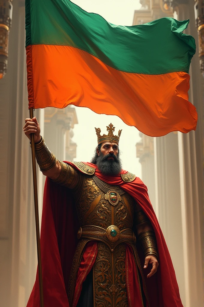 Un roi tenant un drapeau vert orange et rouge