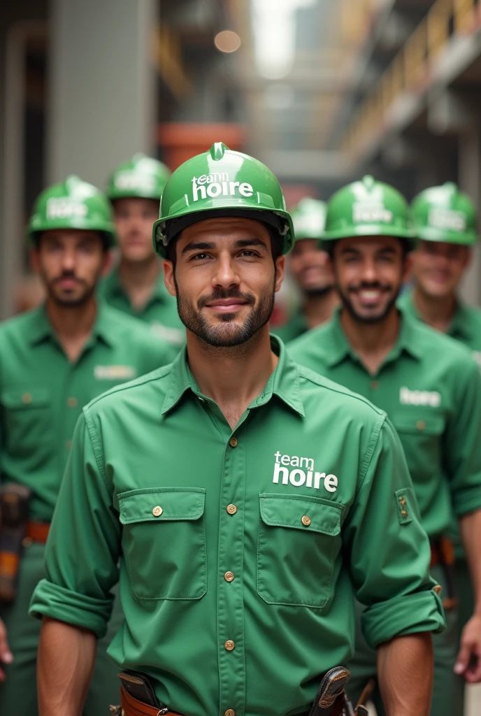 Make me a picture of 5 handsome project workers wearing light green work clothes., and there is a writing on it, Team Hore