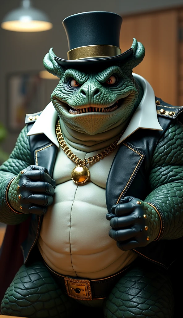 A full body image of a naked, fat and extremely obese authoritative Male Anthropomorphic Dragon wearing only a leather dog collar around his neck and wearing glossy white rubber gloves on his hands and feet and a leather collar around the neck. The leather collar is adorned with round dome-shaped gold studs around the leather collar and a buckle on the leather collar. The Dragon is also wearing a top hat on his head, The top hat is glossy and shiny in texture as well as the rubber gloves and leather collar. The Dragon's leather collar has a lot of detail and is shiny and fancy. The white rubber gloves are also fancy and glossy in texture. The Dragon is in an office setting and is facing the viewer with an evil grin and clenching his fists and teeth. The Dragon the boss of the office and an authoritative figure. The Dragon is wearing his white gloves and leather collar and his top hat at the same time. The Dragon is wearing the leather collar and the gloves and the top hat at the same time. The Dragon takes pride in his dapper attire and stature by rubbing his belly while laughing evil like and happily showing off his glossy leather gloves and leather collar. The Dragon is clenching his fists with an angry demeanor to show his power. The Dragon loves leather and happily flaunts his attire.