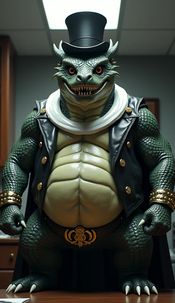 A full body image of a naked, fat and extremely obese authoritative Male Anthropomorphic Dragon wearing only a leather dog collar around his neck and wearing glossy white rubber gloves on his hands and feet and a leather collar around the neck. The leather collar is adorned with round dome-shaped gold studs around the leather collar and a buckle on the leather collar. The Dragon is also wearing a top hat on his head, The top hat is glossy and shiny in texture as well as the rubber gloves and leather collar. The Dragon's leather collar has a lot of detail and is shiny and fancy. The white rubber gloves are also fancy and glossy in texture. The Dragon is in an office setting and is facing the viewer with an evil grin and clenching his fists and teeth. The Dragon the boss of the office and an authoritative figure. The Dragon is wearing his white gloves and leather collar and his top hat at the same time. The Dragon is wearing the leather collar and the gloves and the top hat at the same time. The Dragon takes pride in his dapper attire and stature by rubbing his belly while laughing evil like and happily showing off his glossy leather gloves and leather collar. The Dragon is clenching his fists with an angry demeanor to show his power. The Dragon loves leather and happily flaunts his attire.