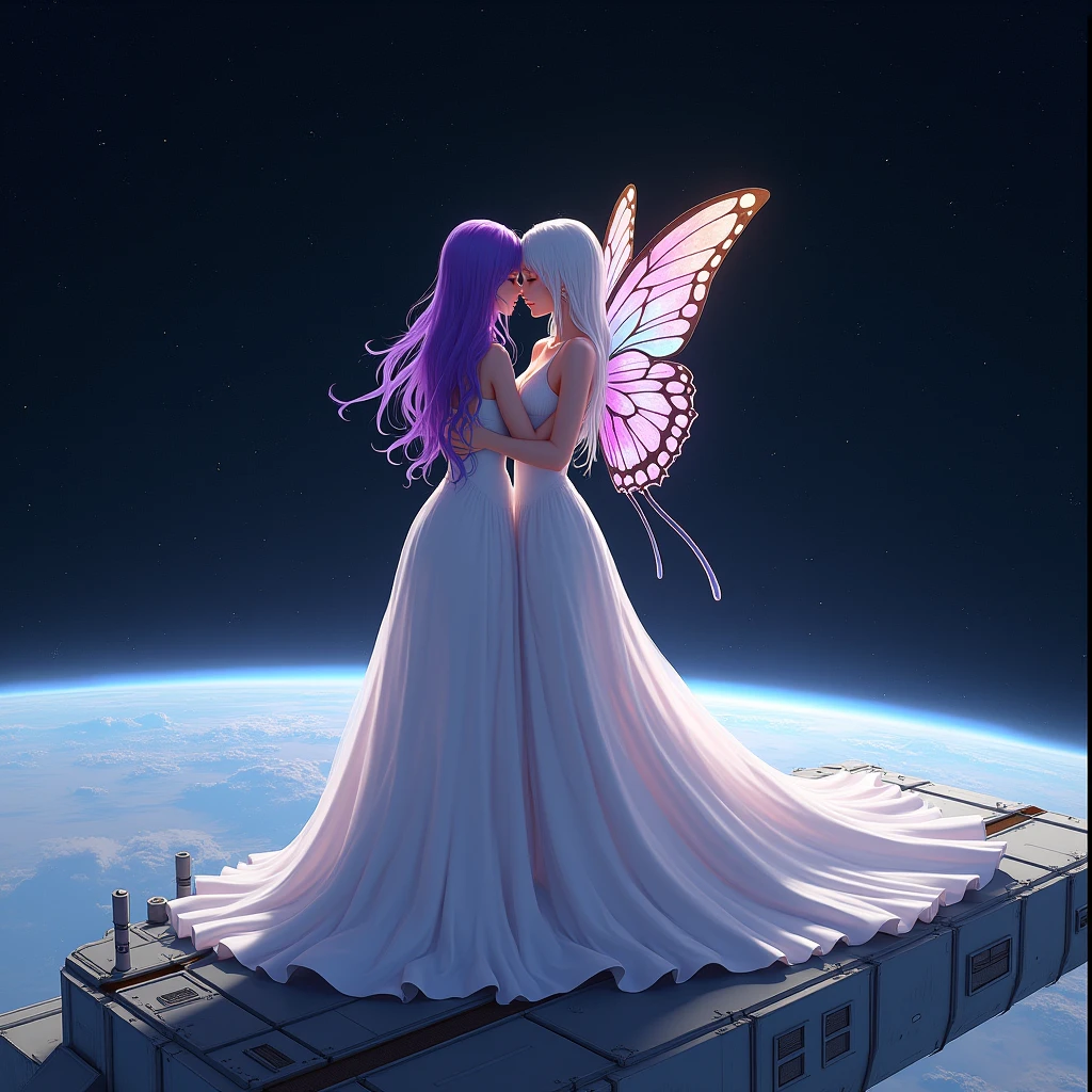 A woman with long white hair,she will wear a long white dress,and a woman with purple hair,she will wear a very long purple dress,They will be hugging like friends without showing their faces,they will be standing on top of a satellite in space,I want the one with purple hair to have butterfly wings