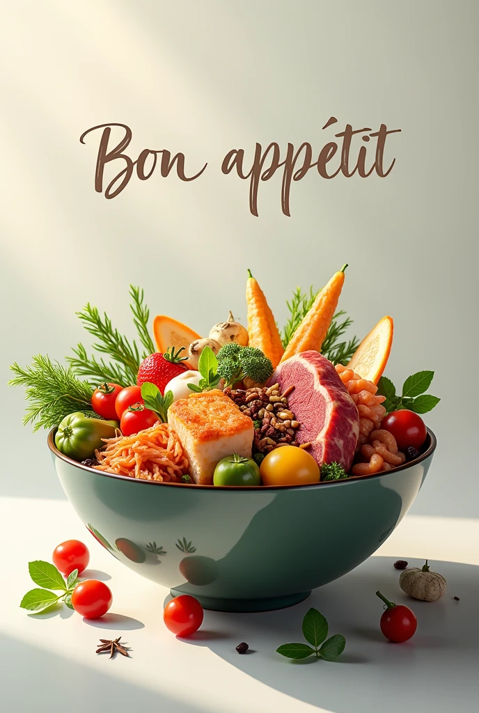 A square Realistic album art of bowl of delicious food written "Bon Appétit"
