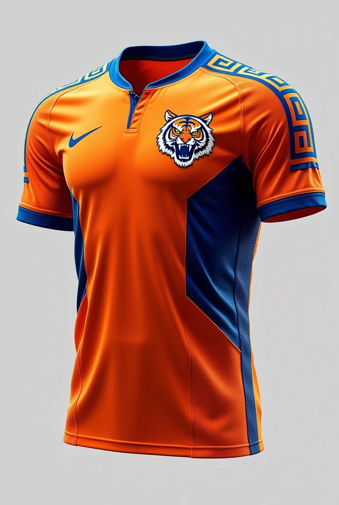 A model of a men&#39;s futsal shirt in orange with blue details, many sporty details, with a tiger claw on the left breast of the blouse, a claw in the back. Details only on the Greek pattern sleeve. Greek pattern on the bottom collar of the blouse 