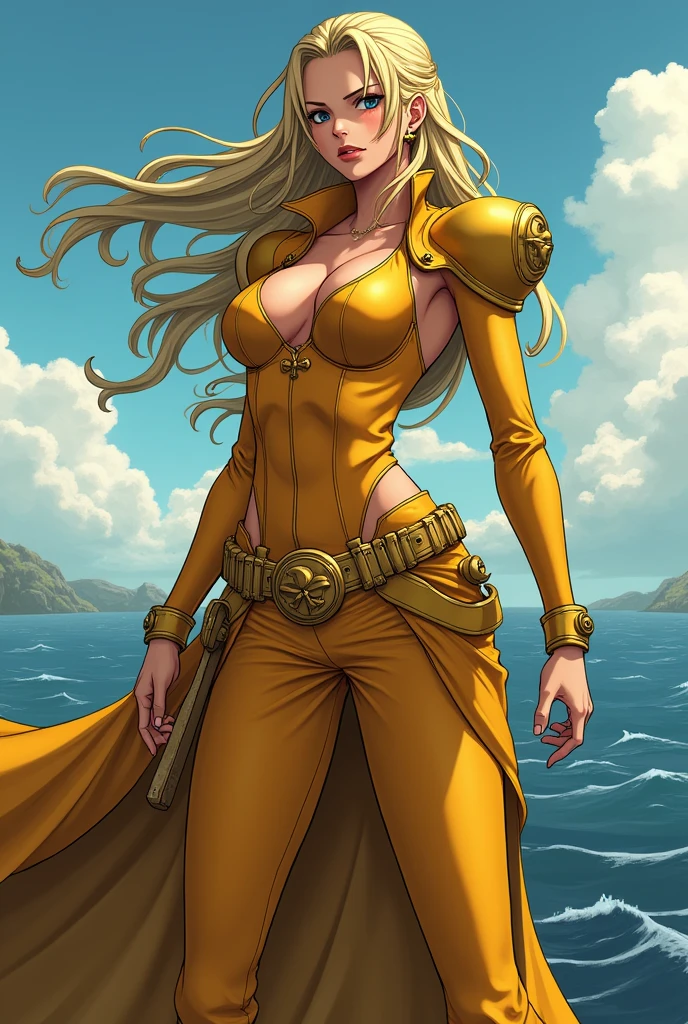 pirate costume based on the anime One Piece for a female helmsman, she is part of the crew she wears golden clothes, Do it full body. I want something more intimidating, he understands? I want something that commands respect, less cuteness and more fear.