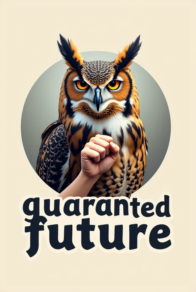Generate a realistic logo with an owl and a closed fist with the name underneath in bold "guaranteed future "