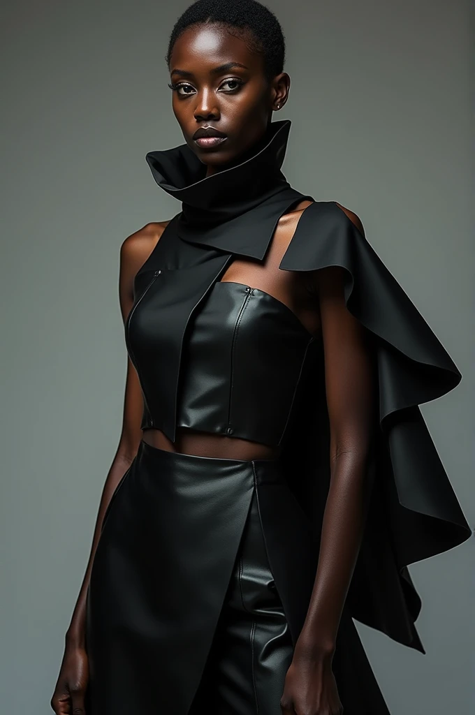 editorial fashion, black woman, weird hairstyle, model, covered plastic bag, plastic bag, plastic, striking pose, surrealism, harsh lighting, perfect composition, symmetry, detailed, vibrant background