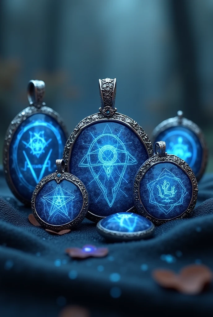 (photorealism: 1.2), 5 Powerful Wicca Pendant Amulets, deep blue and silver, mystic