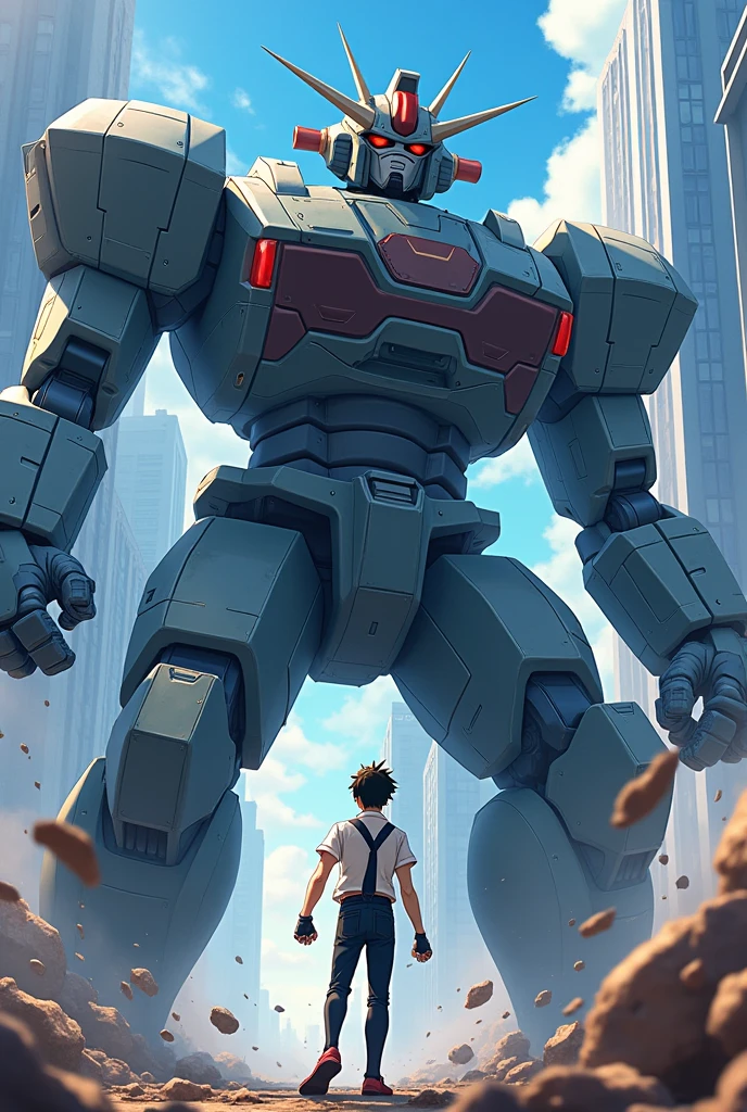 Make a male school student boy punching a giant robot. In anime style.