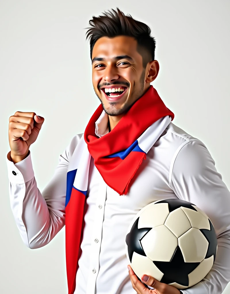Chilean young man wearing a white shirt and a red and blue soccer scarf, one hand closed into body with fist hand, a victorious gesture, second hand holding a soccer ball and smiling in front of a white background