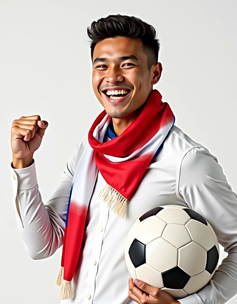 Chilean young man wearing a white shirt and a red and blue soccer scarf, one hand closed into body with fist hand, a victorious gesture, second hand holding a soccer ball and smiling in front of a white background