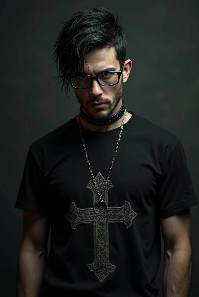 1 man, rectangle glasses, short black hair, black jeans, rectangular glasses, cross necklace, cross choker, sideburns, goatee, mustache, hazel eyes, black band t-shirt, Gothic,