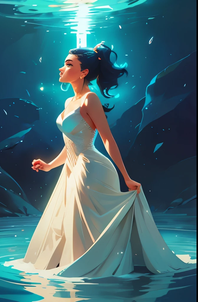 a woman in a white dress standing in a stream of water, concept art by Kilian Eng, trending on cgsociety, fantasy art, glowing water, glowing with magic, charlie bowater art style, glowing aura around her, there is a glow coming from her, kilian eng vibrant colors, beautiful illustration, magically glowing, glowing details!