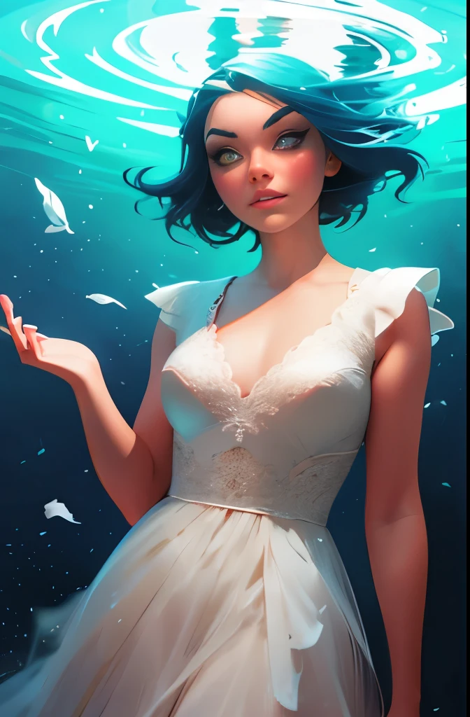 a woman in a white dress standing in a stream of water, concept art by Kilian Eng, trending on cgsociety, fantasy art, glowing water, glowing with magic, charlie bowater art style, glowing aura around her, there is a glow coming from her, kilian eng vibrant colors, beautiful illustration, magically glowing, glowing details!