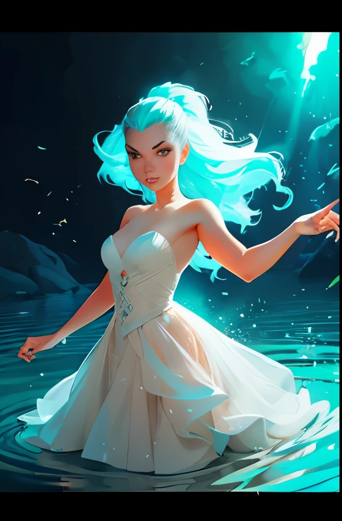 a woman in a white dress standing in a stream of water, concept art by Kilian Eng, trending on cgsociety, fantasy art, glowing water, glowing with magic, charlie bowater art style, glowing aura around her, there is a glow coming from her, kilian eng vibrant colors, beautiful illustration, magically glowing, glowing details!
