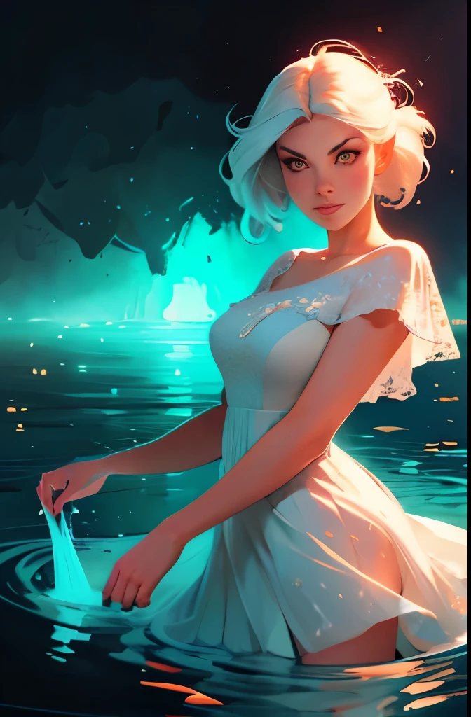 a woman in a white dress standing in a stream of water, concept art by Kilian Eng, trending on cgsociety, fantasy art, glowing water, glowing with magic, charlie bowater art style, glowing aura around her, there is a glow coming from her, kilian eng vibrant colors, beautiful illustration, magically glowing, glowing details!