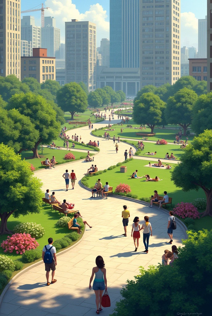 Urban park, in basic scheme, with realistic materiality, people and in isometric perspective , no end