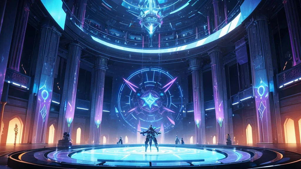 A futuristic RPG-inspired battle hall, with an intense and epic atmosphere. The hall is vast, with tall metal columns supporting the vaulted ceiling, decorated with holograms of warriors in battle. The floor is made of a smooth, shiny material, with sand tones and gold and bronze details, reflecting the light from the plasma lamps suspended from the ceiling. At the center, there is a large combat circle, demarcated by blue and purple luminescent energy lines that glow intermittently. Around the circle, there are raised platforms for spectators, made of a dark metal, with digital panels displaying fighter statistics and movement replays. on the walls, arcane symbols of elements such as Ignis, Galeo and Marine glow softly, adding a mystical touch to the high-tech environment.