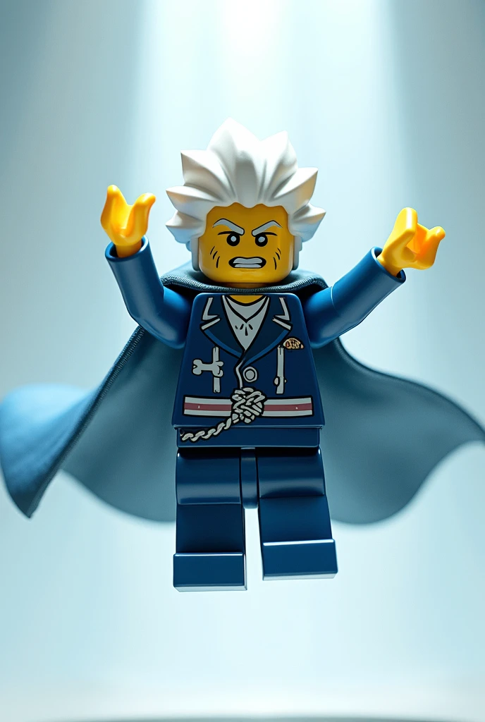 Please create an image of Gojo Satoru, a character from the anime Jujutsu Kaisen, designed as a Lego figure floating in the air. The image should be in PNG style, showcasing Gojo Satoru gracefully suspended in mid-air.