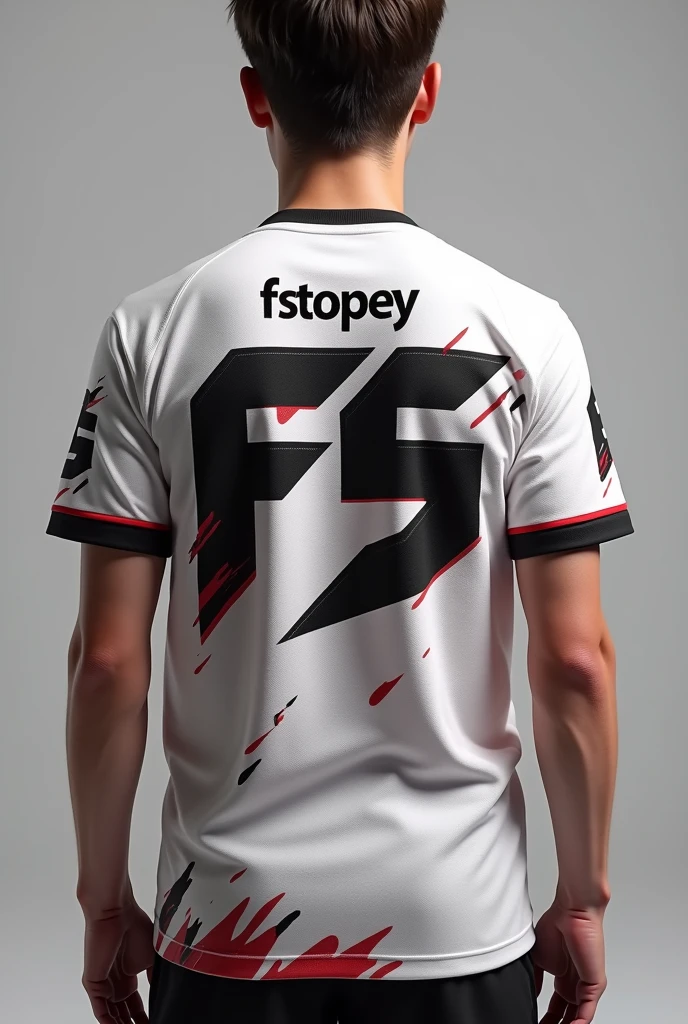 Creat a esports jersey with FS LOGO BACK SIDE OF JERSEY AND PLAYER NAME FStopey in best fonts UPPER BACK IN WHITE and mix dark red
COLOR .show jersey only.jercy color full plain white and some spray of red color with best designe wite FS LOGO IN BLACK COLOR WITH BEST FONTS