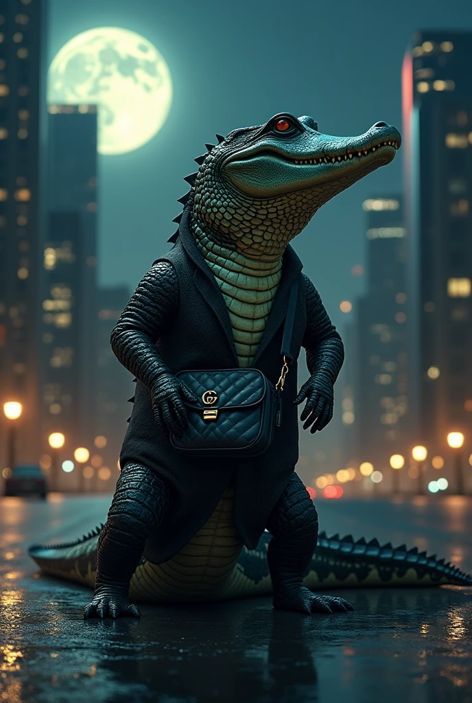 Crocodile in frankfurt am main night at the skyline with a gucci black messenger bag with weed and codein