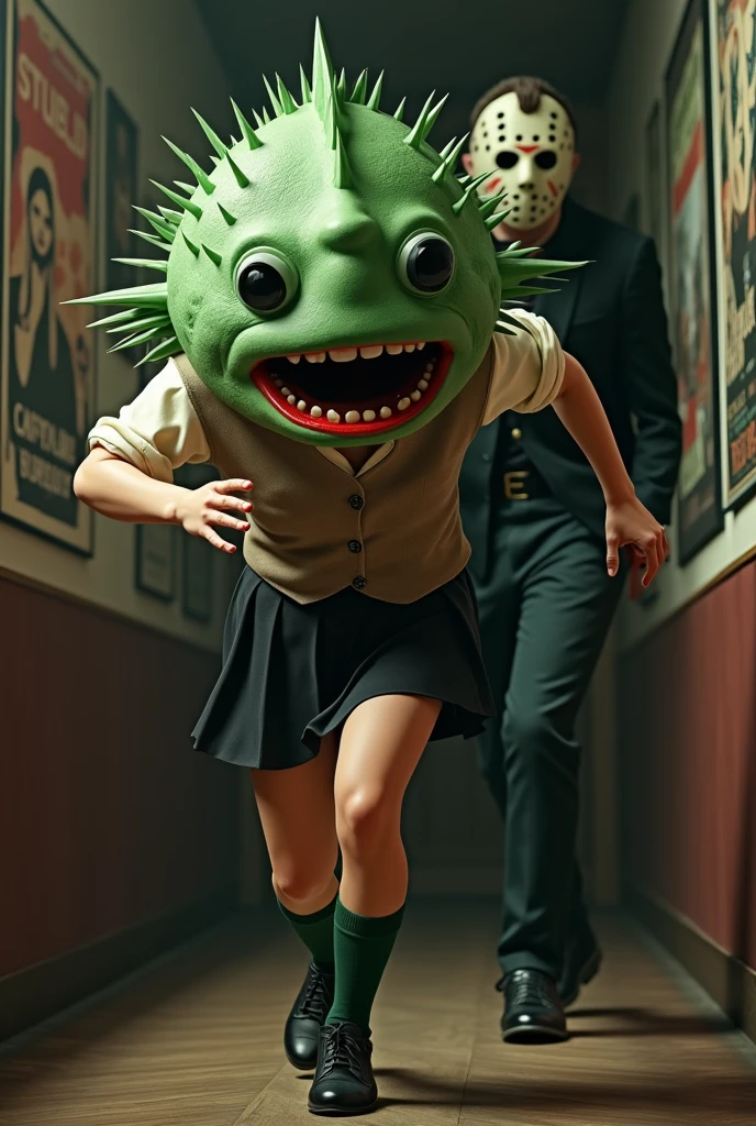 ((Highest quality)), ((photorealistic, hyperrealistic photo, portrait)), (front), (Screaming Pufferfish:1.6), (The upper half of the pufferfish is green.), (Short sleeves), ((No hair)), (The Kusafugu has 20% of the facial features of a human female.), (horror movie posters:1.5), ((Jason:1.8)), (クサフグ対Jason), A pufferfish with a very realistic head, A woman with a human body, オフホワイトで襟付きのShort sleevesシャツに薄茶色のベストを着てひざ丈の黒いスカートに濃い緑色の短い靴下と黒の靴を履いてる, Jasonに追われて全力で走っている, Photorealistic images,