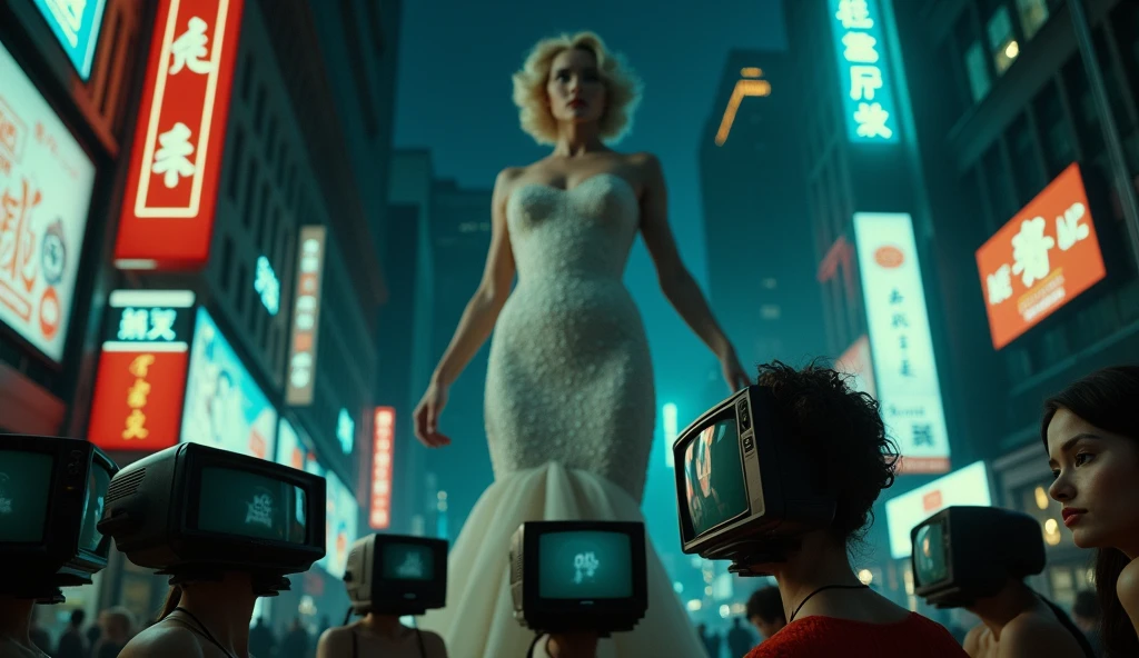 (Cinematic wide shot:1.4) photo of a group of people in casual clothing, each with a vintage TV set as their head, with their faces seamlessly projected on the screens, all gazing upwards at a towering, giant, beautiful woman dressed in glittering evening wear, with glamorous makeup and an intricate evening hairstyle, (elegant and powerful presence:1.3), the group appears tiny in comparison to her immense size, low-angle framing looking upwards, in a surreal urban night scene with reflective surfaces, under dramatic spotlight, shot on a Canon EOS R5 with a 24mm lens, (in the style of surrealist photography:1.5).
