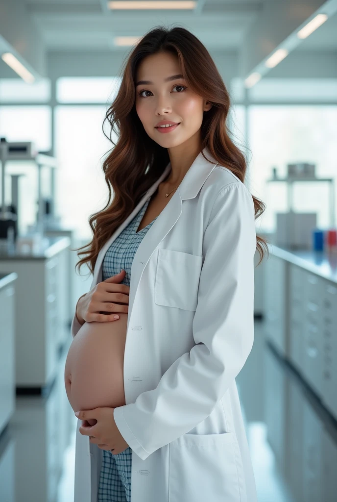 Beautiful woman in lab coat, long brown hair (doctor) pregnant.