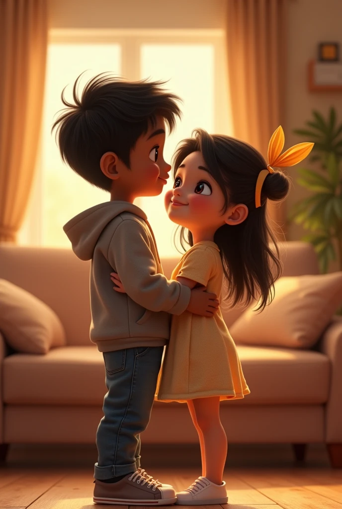 Design an image of a 1 Sri Lankan boy with dark skin and a 1 Korean girl standing together in a cozy indoor setting. The boy’s face should be clearly visible and facing the viewer, dressed in a hoodie and jeans. The girl, wearing a cute dress, should be standing beside him. The background should include comfortable furniture and warm lighting