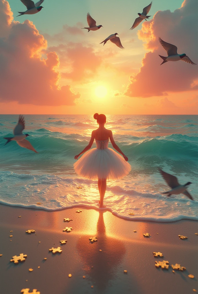 A ballerina with her back turned walking from the sand to the sea with a sunset in the background and turquoise green swallows flying around her. Sand with golden dots and pieces of a golden puzzle at your feet