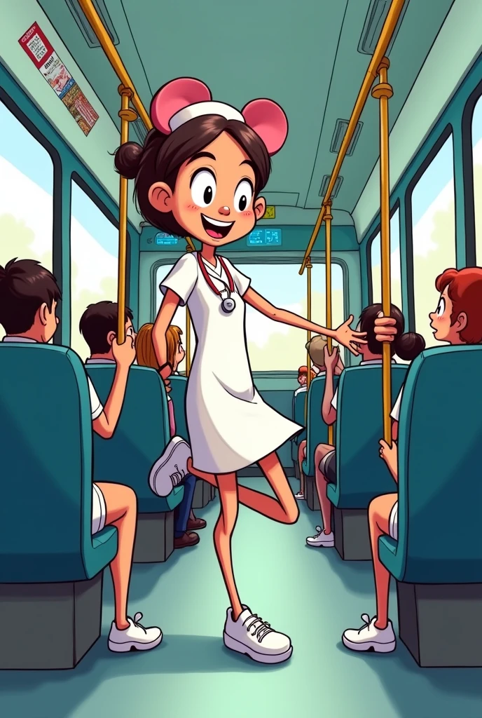 Nursing student on bus falls from knee to ground  ,funny miqui mouse style comic strip design 