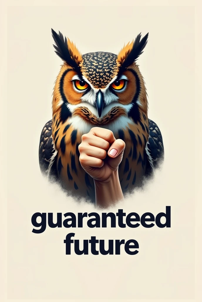 Generate a realistic logo with an owl and a closed fist with the name underneath in bold "guaranteed future "