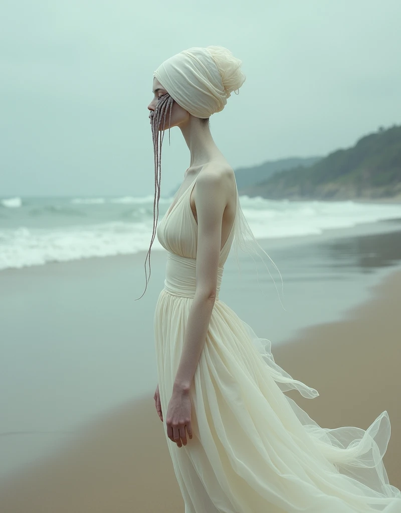 A surrealistic full body photograph of an elegant female humanoid creature with a long elongated neck, white skin and dressed in a flowing gown on the beach. Her head is completely covered by pale fabrics that cover her eyes. She has two very thin tentacles coming out from under her chin hanging down to the ground. It is a surrealistic style of photography in the style of Zdzisław Beksiński