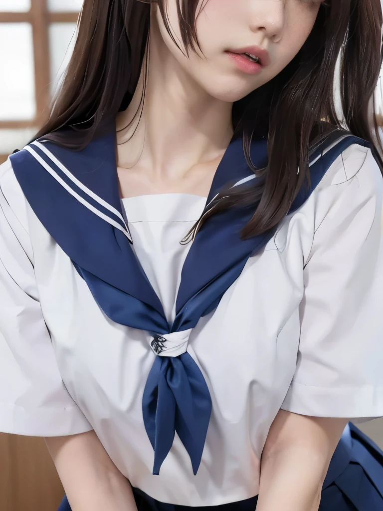 Masterpiece、Highest quality、lower body focus、Super detailed、Only from the neck down、Side view 画面いっぱいのSailor suit、Head is cut off Japanese school girl uniform、Sailor suit、紺色のSailor suit、Pleated skirt、Navy Blue Skirt Soft thighs、Long legs from the neck down focus、View from the neck down、Chest up、Chest close up、Chest close、Get closer to my chest