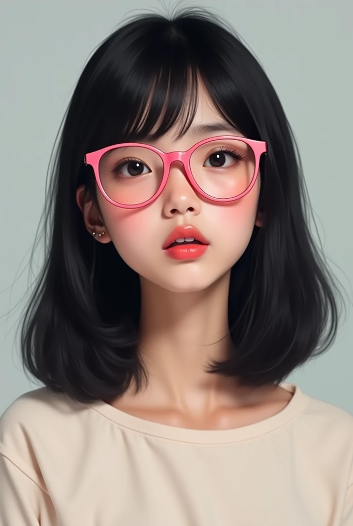 White skinned girl with straight black hair and pink glasses 
