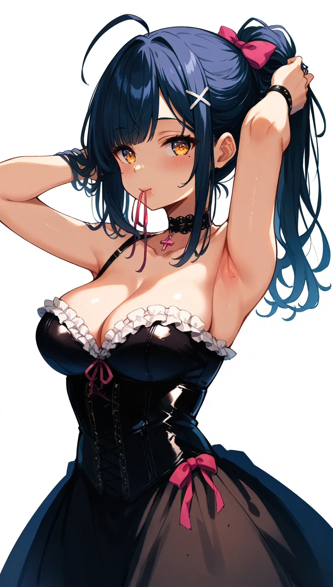 (score_9,score_8,score_7_up,score_6_up),kurokawa akane,1girl,(score_9, score_8_up:1.1),score_7_up,Th1sUs3r
BREAK
yunon_oto_mad,nijisanji,sukoya_kana,sukoya_kana_(5th_costume),absurdres highres,1girl,adjusting_hair,ahoge armpits,arms_behind_head,arms_up,asymmetrical_bangs,black_choker,black_corset,blush breasts,choker cleavage,corset dress,embroidered,embroidery eyes_visible_through_hair,frilled_corset,frills hair_lift,hair_ornament,hair_over_one_eye,hair_tie hair_tie_in_mouth,hairdressing,hand_in_own_hair,
BREAK
hands_in_hair holding,holding_own_hair,jewelry,large_breasts,long_hair,looking_at_viewer,mole,mole_under_eye,mouth_hold,pendant_choker,ponytail,ribbon,ribbon_in_mouth,rubber_band,see-through,see-through_dress,simple_background,solo,tying_hair,virtual_youtuber x x_hair_ornament