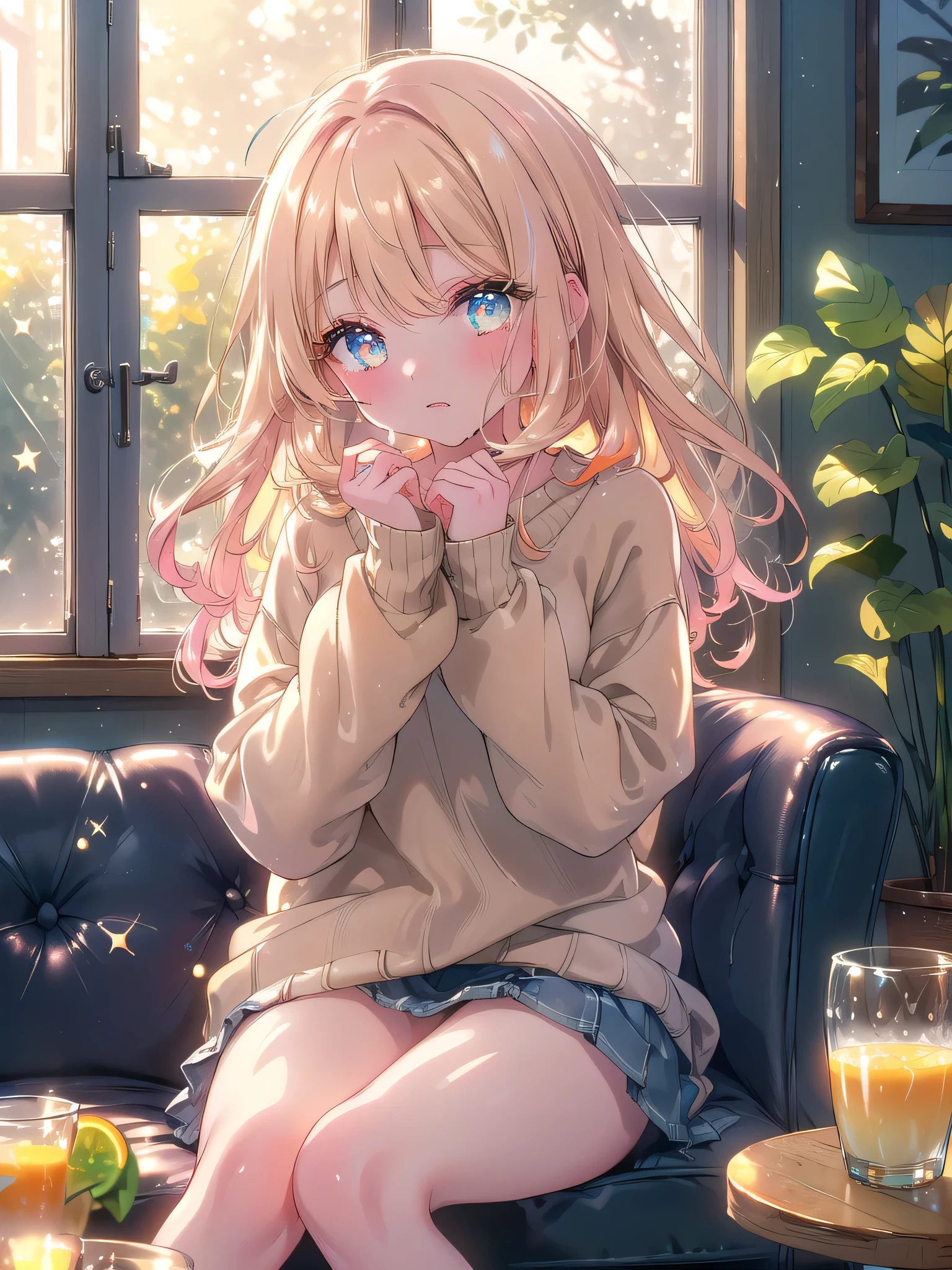 ((8k, Highest quality, masterpiece: 1.3)),Ultra-high resolution,(1 girl, alone), (Color changing eyes, Ultra-detailed, Expressive brilliance, Glitter, Glowing Eyes), Highly detailed eyes, Highly detailed face, Random Hair, ((pastel colour) The woman is sitting at a cozy, minimalist bistro table inside a small, quiet café. A half-eaten avocado toast is on her plate, paired with a small glass of fresh orange juice. She’s dressed in a casual beige sweater and denim skirt, her hair loosely curled and framing her face. The soft afternoon light filters through the large windows, casting a gentle glow on her. She gazes directly at the camera with a thoughtful expression, her eyes reflecting a deep connection as if lost in a meaningful conversation with her boyfriend, her hand lightly resting on her chin, (nsfw:1.4)