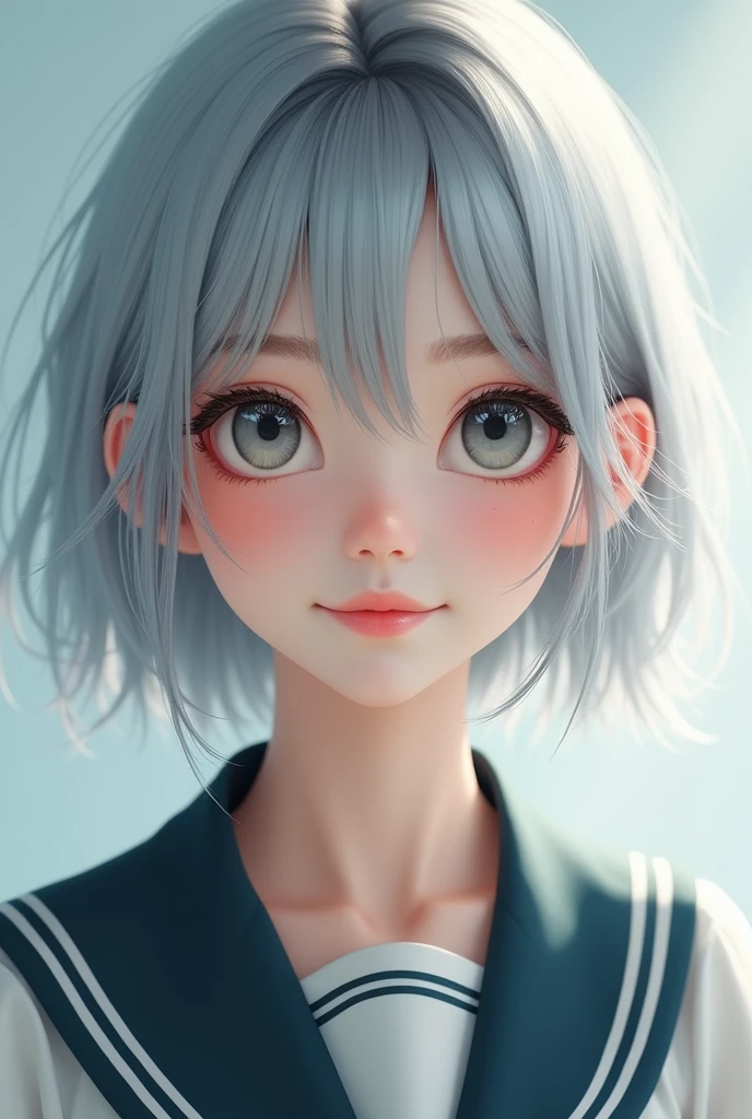 a beautiful young half japanese half Nordic girl,large expressive eyes,dorrpy eyes,beautiful detailed eyes,charming eyes,extremely detailed and beautiful face,(charming smile:1.0),flawless transparent skin,ultra short hair,silver hair,(highschool uniform,masterpiece,high resolution,photorealistic,extremely detailed:1.5),detailed description,vivid colors,studio lighting,physically-based rendering,intricate detail
