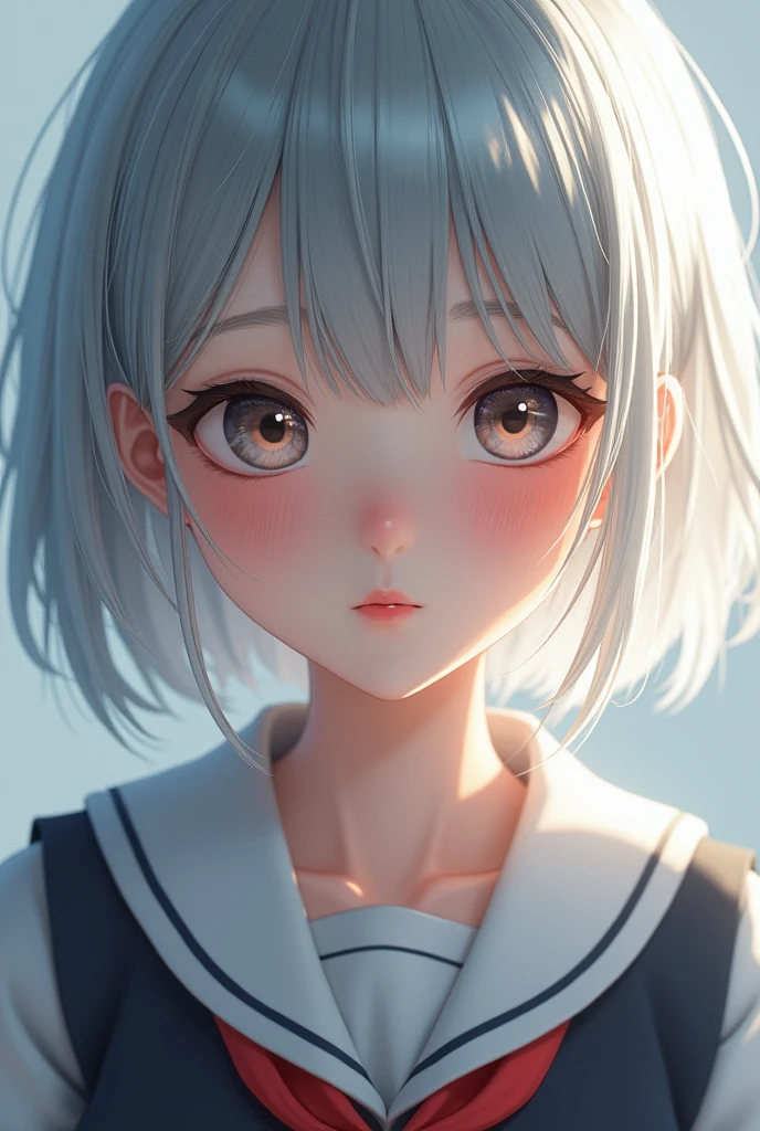 a beautiful young half japanese half Nordic girl,large expressive eyes,dorrpy eyes,beautiful detailed eyes,charming eyes,extremely detailed and beautiful face,(charming smile:1.0),flawless transparent skin,ultra short hair,silver hair,(highschool uniform,masterpiece,high resolution,photorealistic,extremely detailed:1.5),detailed description,vivid colors,studio lighting,physically-based rendering,intricate detail
