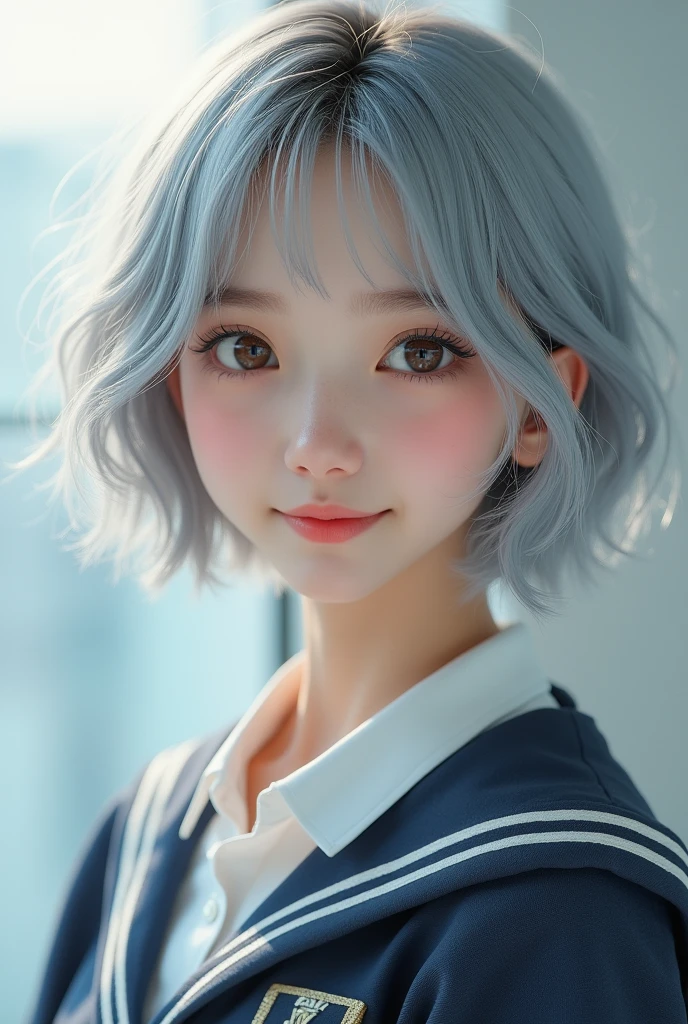 a beautiful young half japanese half Nordic girl,large expressive eyes,dorrpy eyes,beautiful detailed eyes,charming eyes,extremely detailed and beautiful face,(charming smile:1.0),flawless transparent skin,ultra short hair,silver hair,(highschool uniform,masterpiece,high resolution,photorealistic,extremely detailed:1.5),detailed description,vivid colors,studio lighting,physically-based rendering,intricate detail