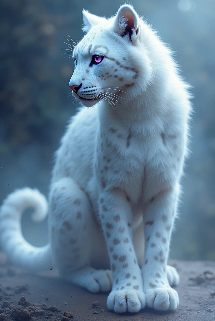 Snow leopard-human hybrid female with purple eyes