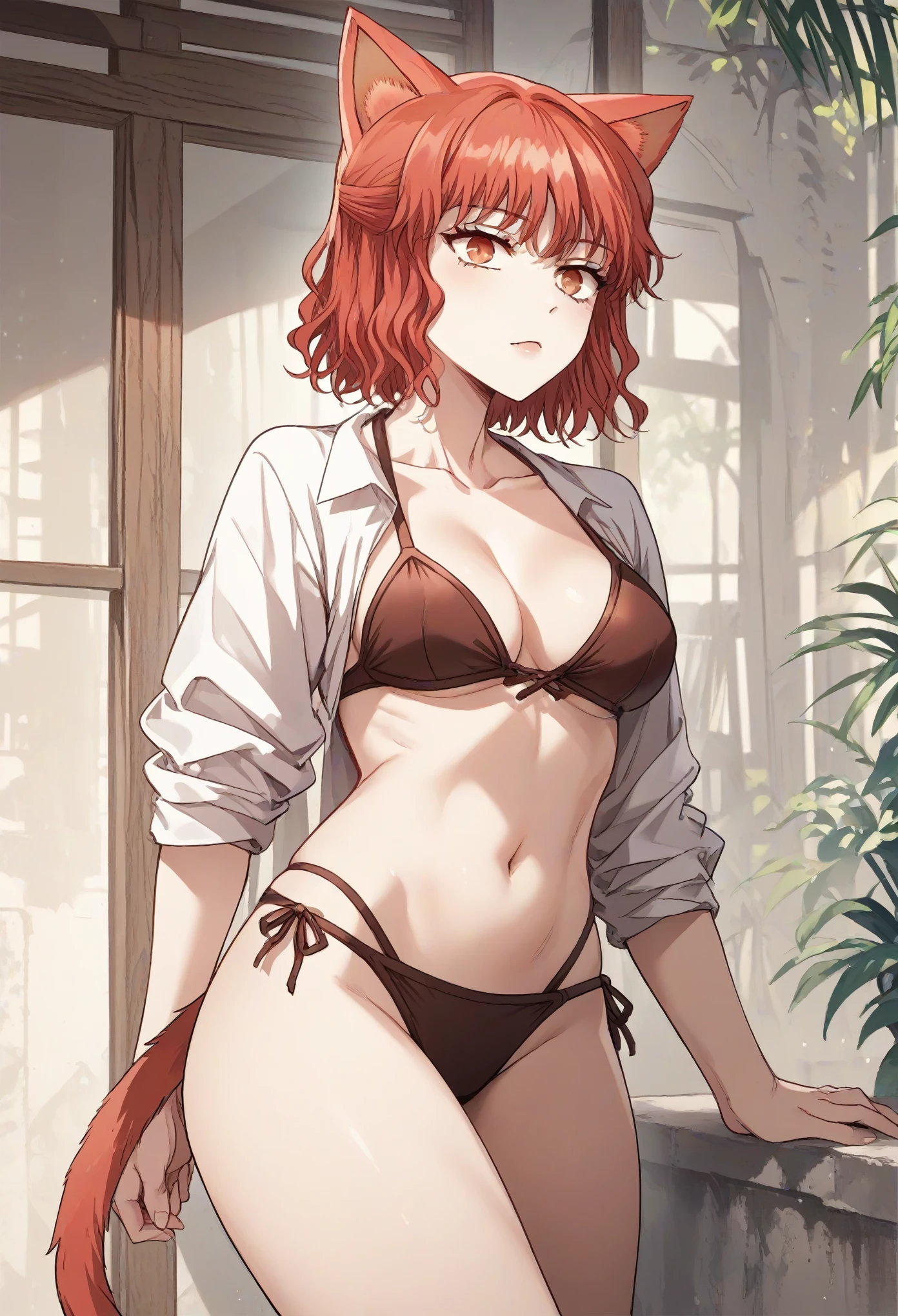 MisshaKarlstein, cat woman, red eyes, red hair, short hair,bikini