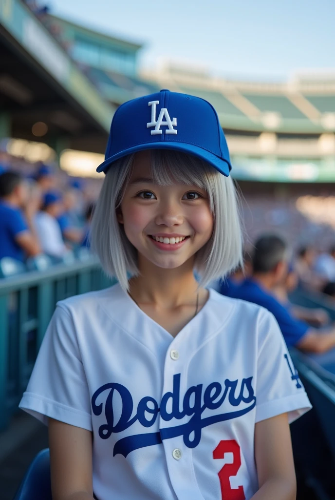 (original photo, best quality, masterpiece: 1.2), (Realistic: 1.4), Optimal lighting, 20 years old, (light gray hair, shortcut, hair covering ears, Symmetrical eyes, White skin, alone, Delicate skin, Detailed Background:1.2), Front view, Smiling, From the stadium to the auditorium, Sitting in the stands at a baseball stadium and watching the game, Holding iPhone 15 Pro in one hand, A lot of viewers, Wearing a Los Angeles Dodgers baseball cap and the Los Angeles Dodgers, Large Breasts, Accessories, hair tied back, daytime, exposed to sunlight